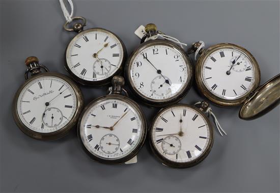 Six assorted silver or white metal pocket watches including Benson and Waltham.